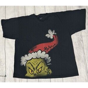 Dr. Seuss The Grinch T Shirt Portrait Santa Hat Size XL Black Christmas